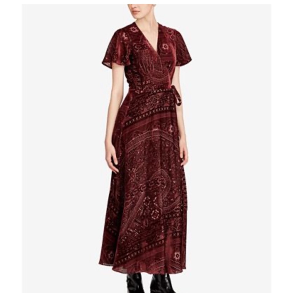 Ralph Lauren Burnt-Out Wrap Dress. Maroon
